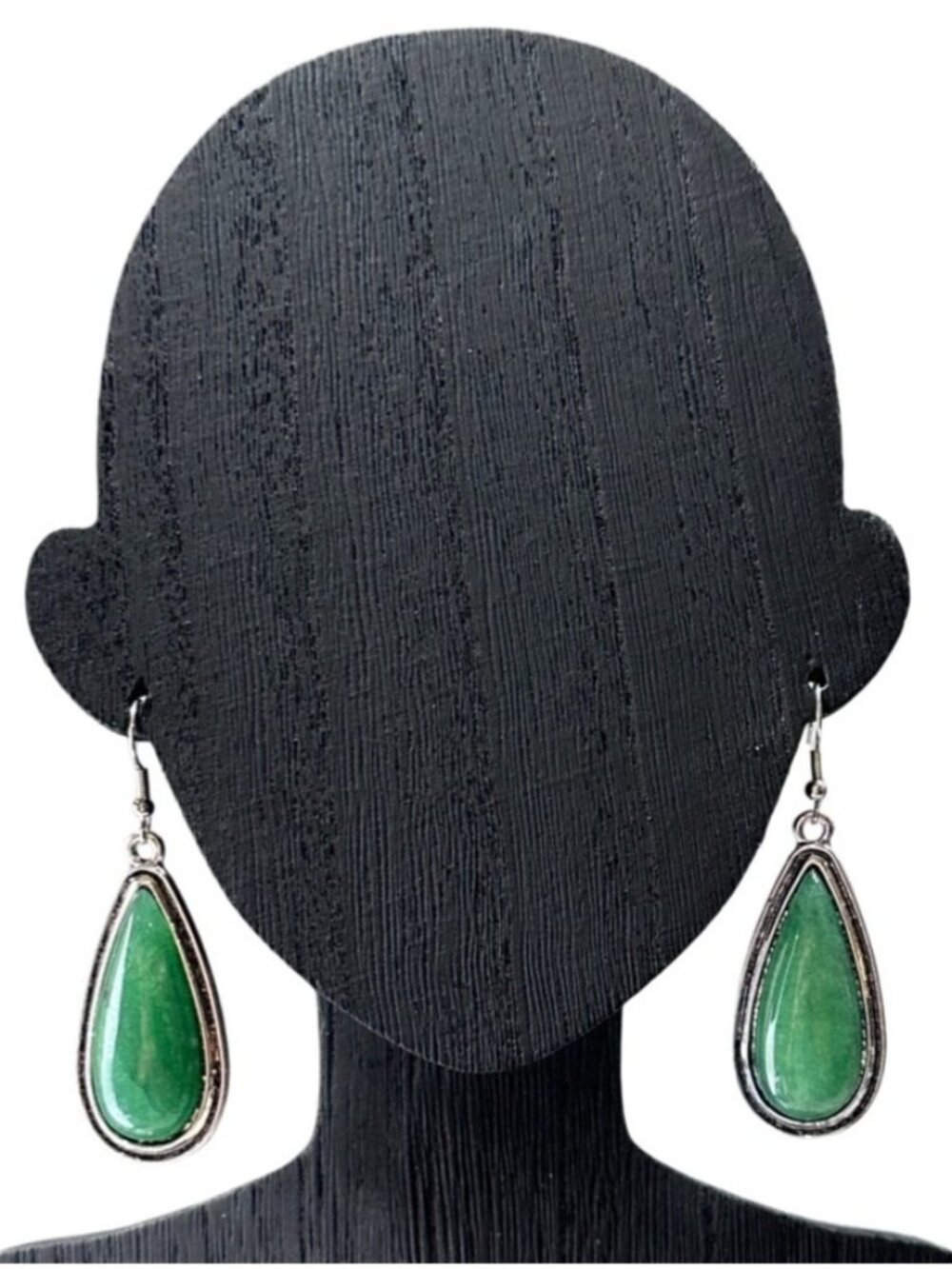 Simulated Stone Dangle Earrings Tear Drop Shaped Green Centers Silver Tone NWOT